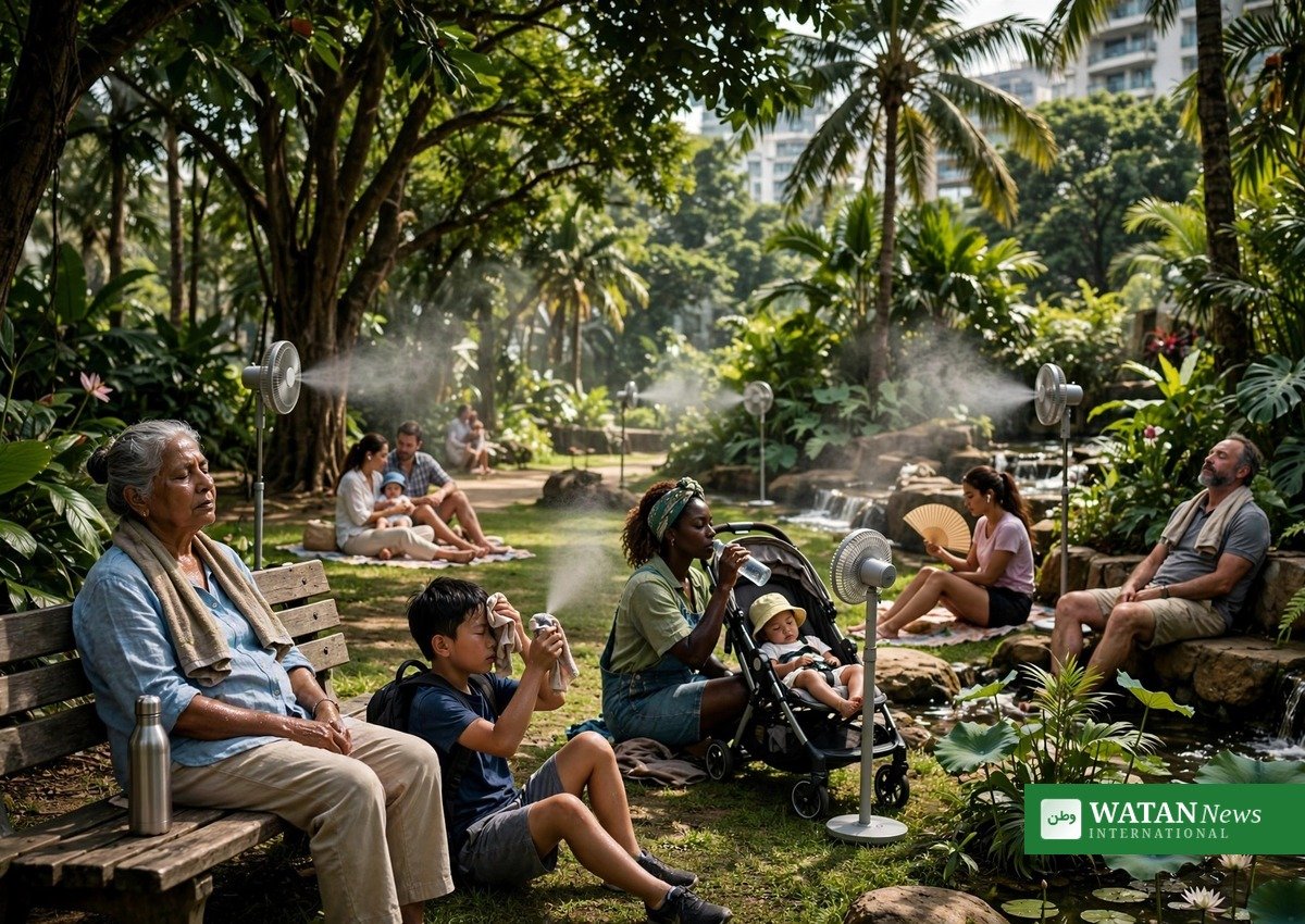 People cooling off in a shaded urban park with misting fans during extreme heat in Singapore