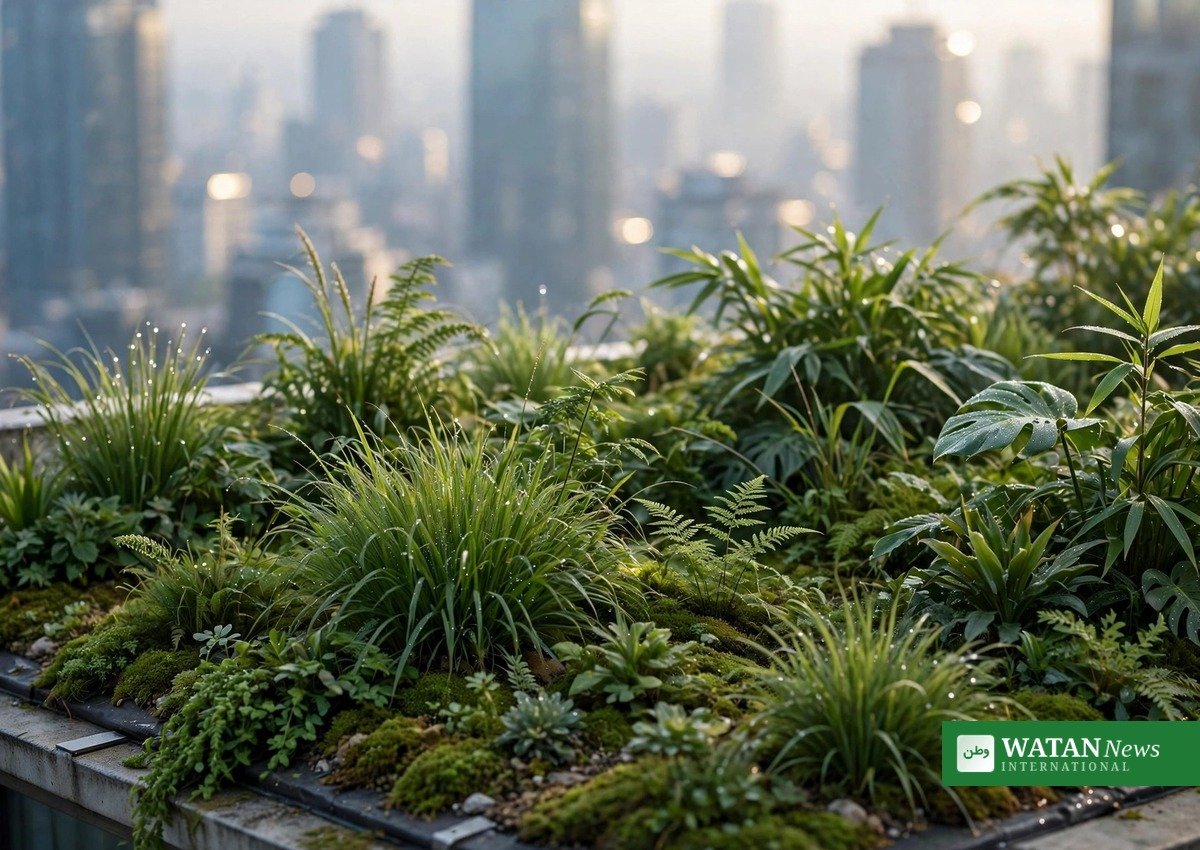 Lush green roof with tropical plants on a city building in Singapore, a nature-based cooling solution