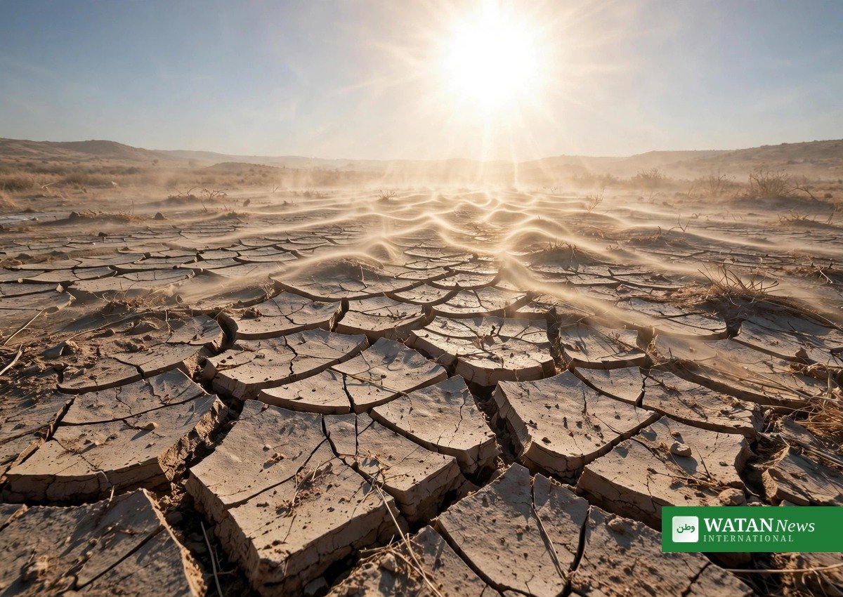 1.5°C overshoot: cracked dry earth under intense heat illustrating rising global temperatures