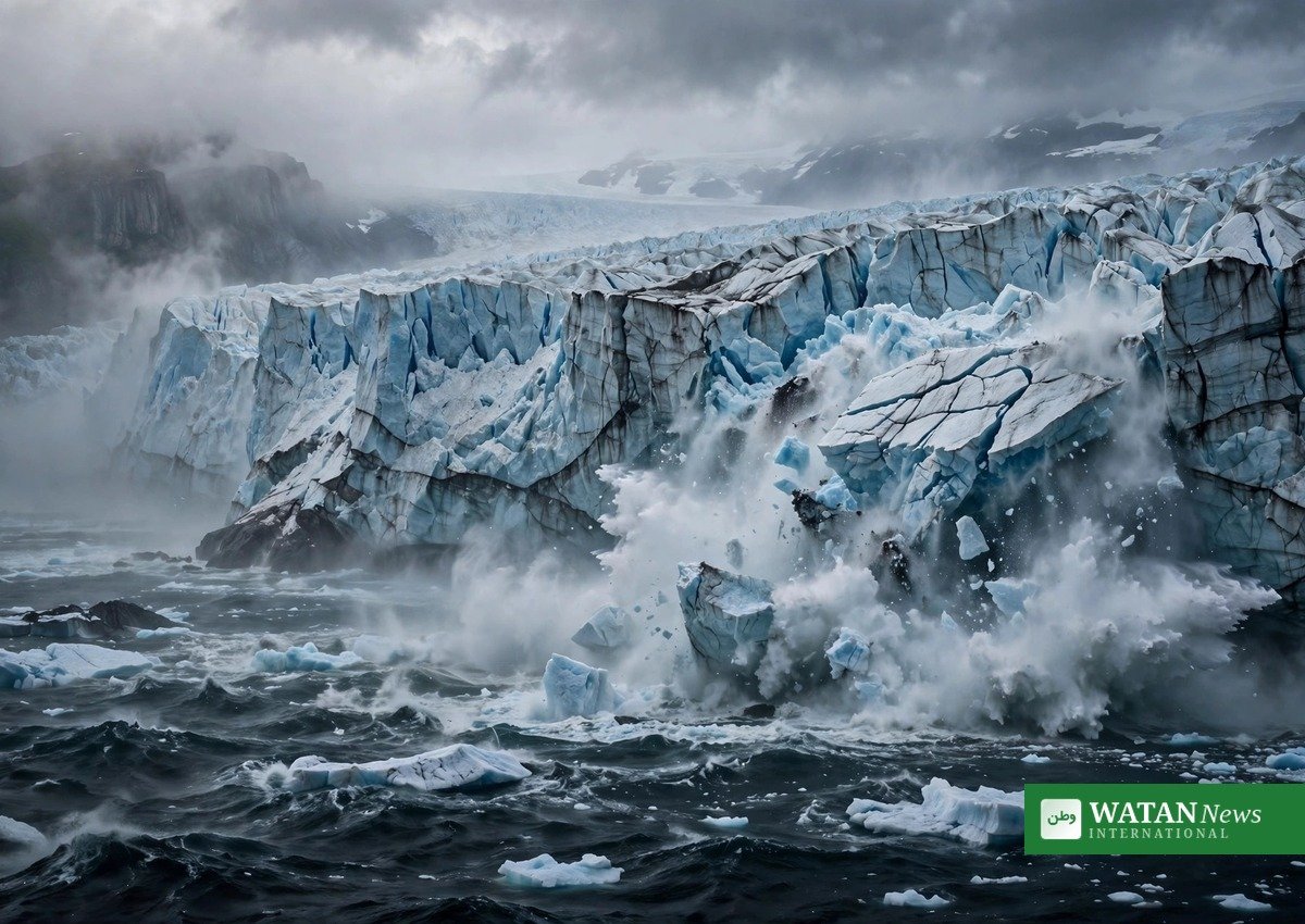 Melting glacier calving into the ocean, representing climate tipping points beyond 1.5°C