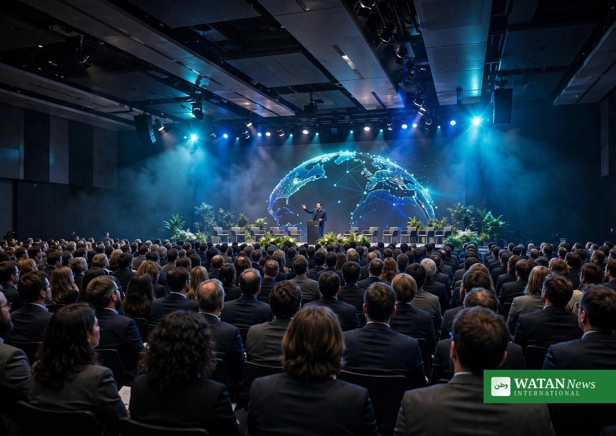 Climate Week NYC 2026: crowded climate summit plenary audience with stage lights