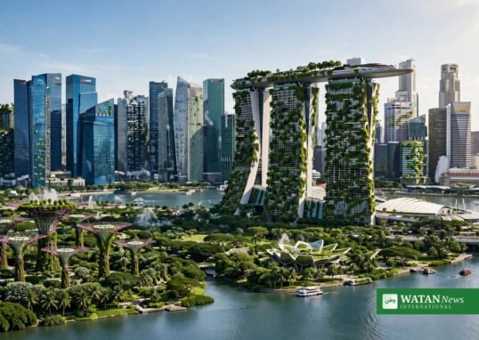 Cool Leaders: Singapore skyline with sustainable cooling concept, green rooftops and clear sky