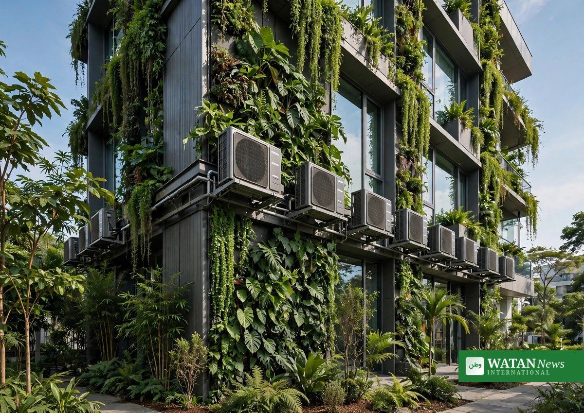 Cool Leaders: modern green building facade with air conditioning units and tropical plants