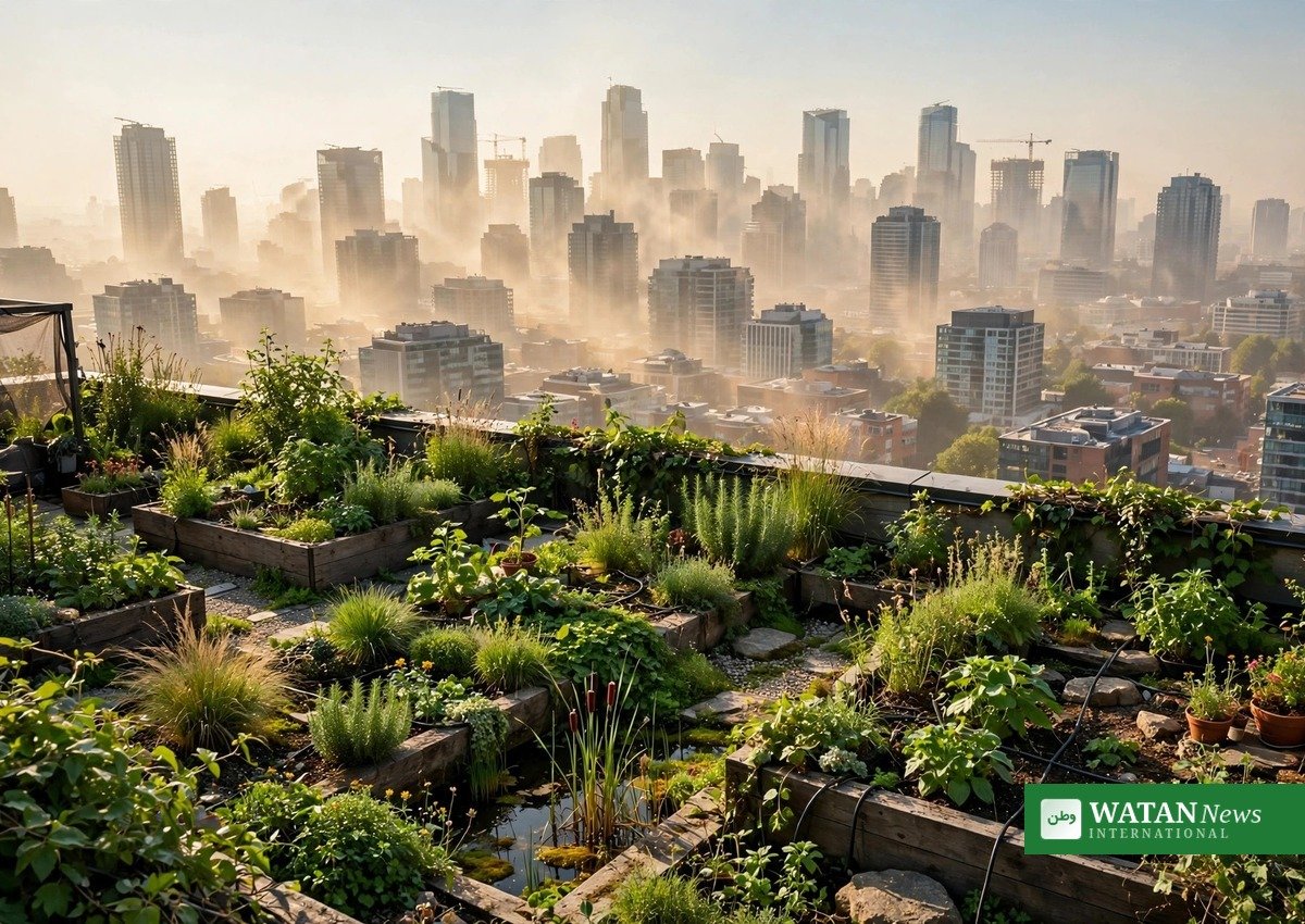 City skyline in heat haze with green rooftops representing urban heat resilience