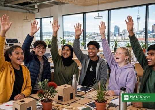Aotearoa Youth COP: diverse rangatahi raising hands in a bright Auckland workshop
