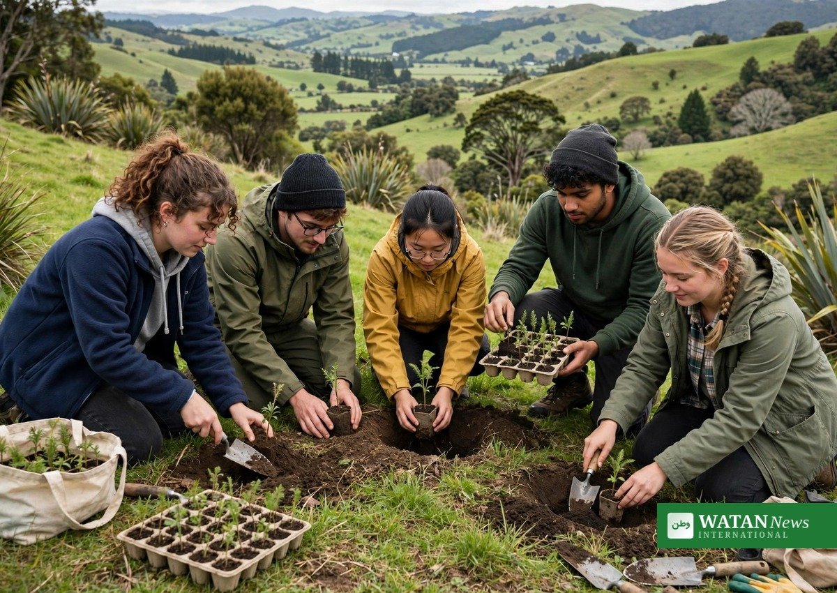 Young climate advocates planting native trees in a New Zealand landscape