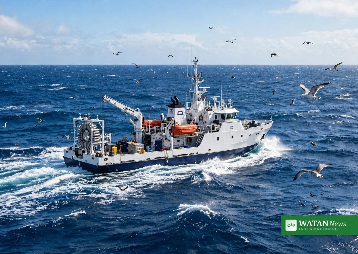 Ocean research vessel at sea representing marine conservation and ocean observation