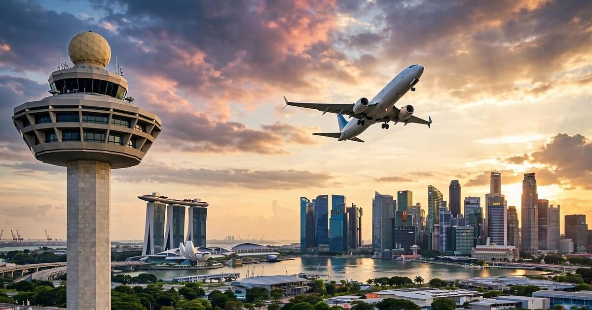 Singapore SAF levy: airliner taking off over Singapore skyline at sunset