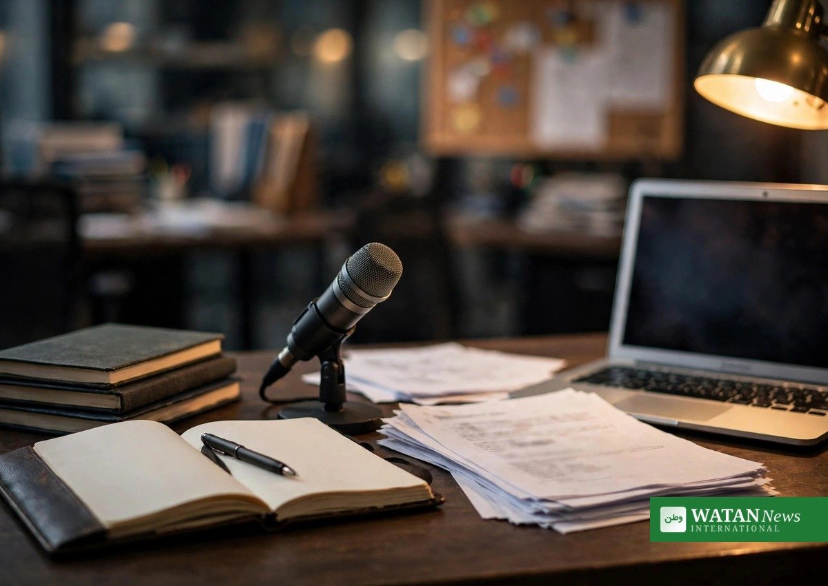 Newsroom desk with notebooks, microphones and story drafts representing climate journalism work
