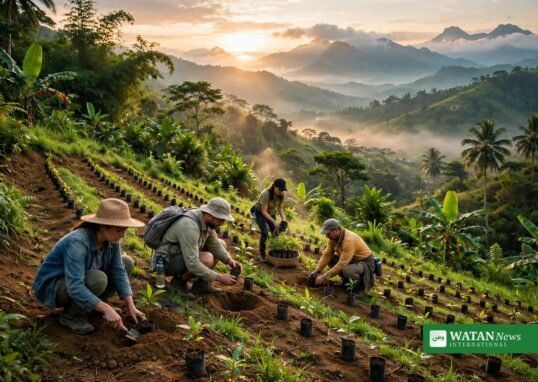 Balamban one million trees: volunteers planting seedlings on a tropical Cebu hillside at sunrise