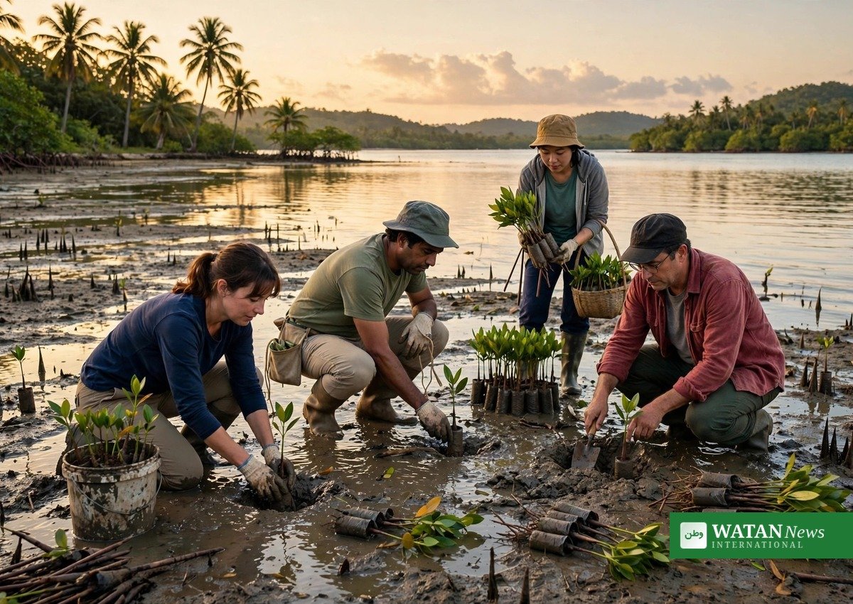Mangrove seedlings being planted on a tropical shoreline as part of coastal restoration