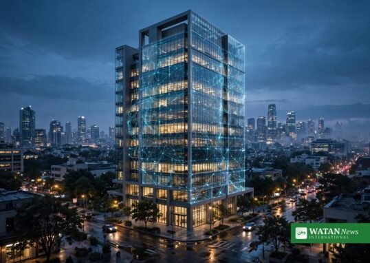 AI building energy optimization concept: smart glass office tower at dusk with a digital control overlay