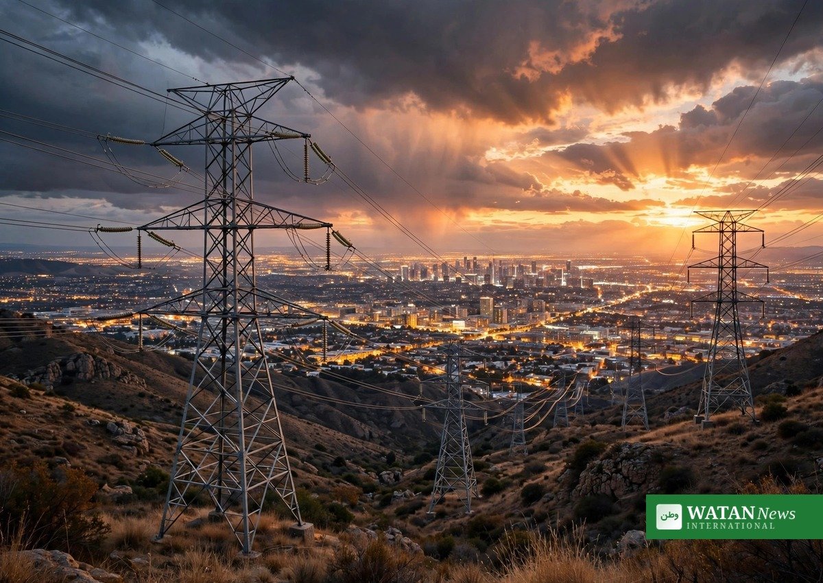 Electricity grid and transmission towers at sunset, illustrating pressure on power grids from AI demand