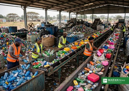 Workers sorting plastic bottles at a Nigerian plastic waste recycling facility