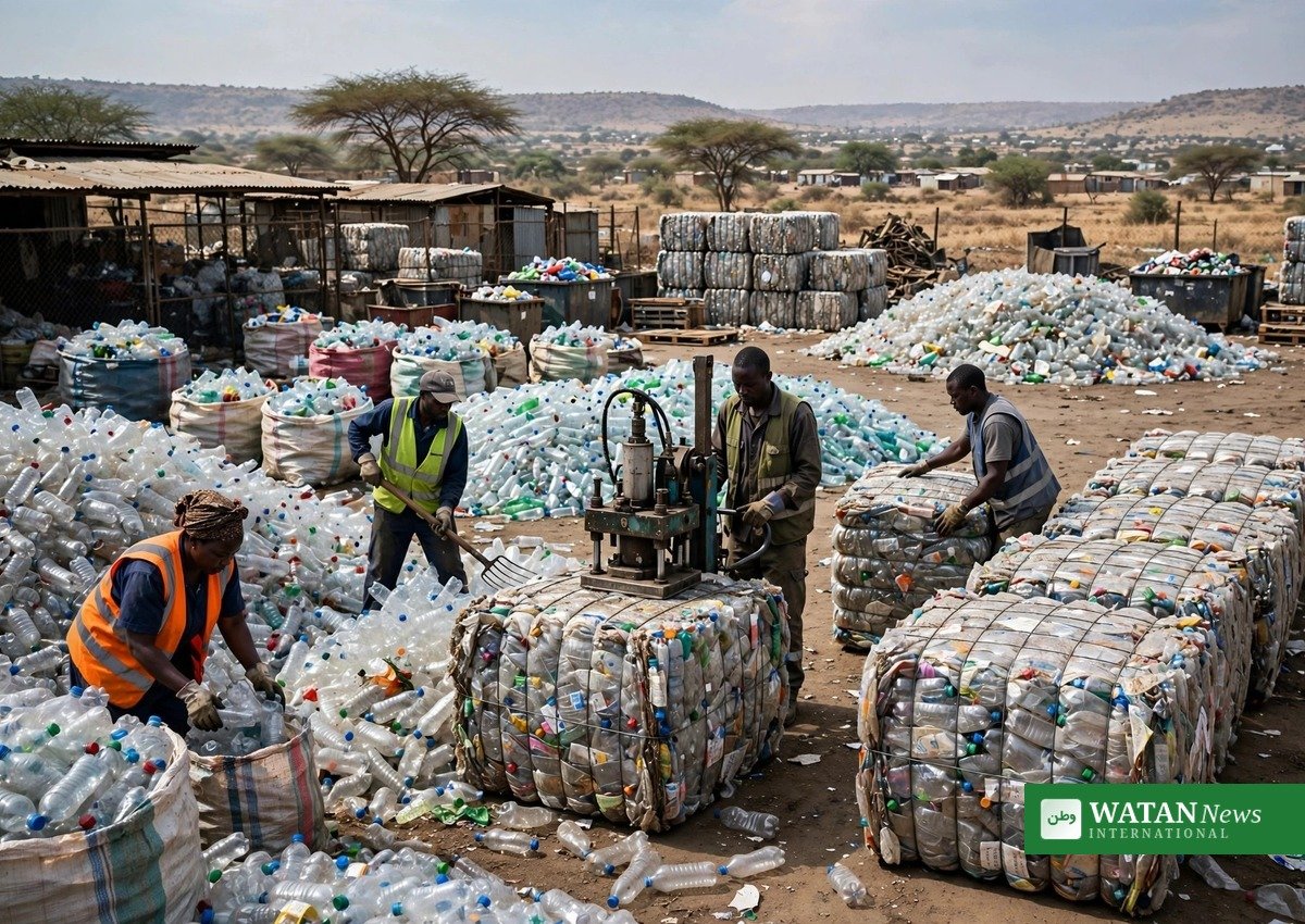 Workers sorting plastic bottles on conveyor belts at a Nigerian recycling facility