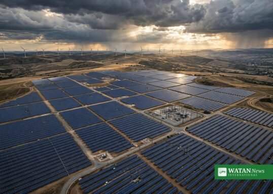 Vast solar farm and wind turbines at sunset, record renewable energy growth
