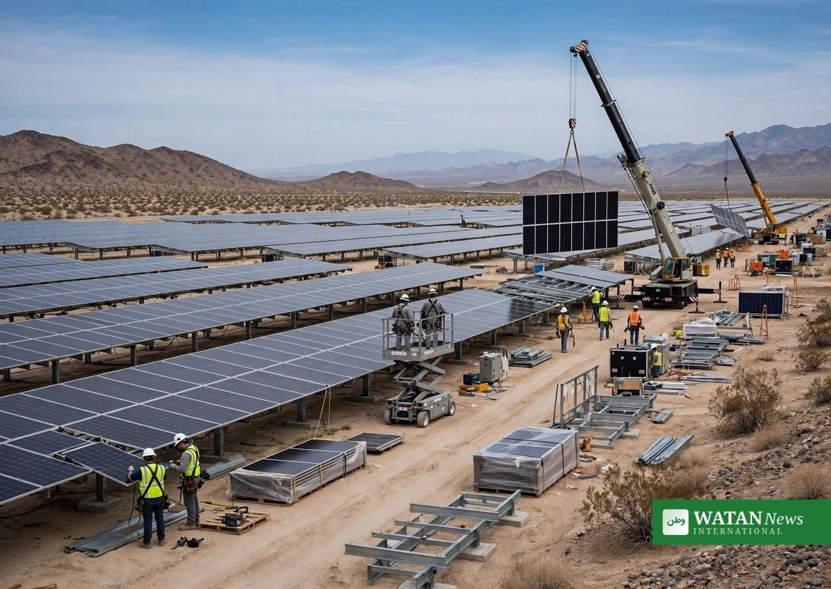 Workers installing solar panels at a large-scale renewable energy project