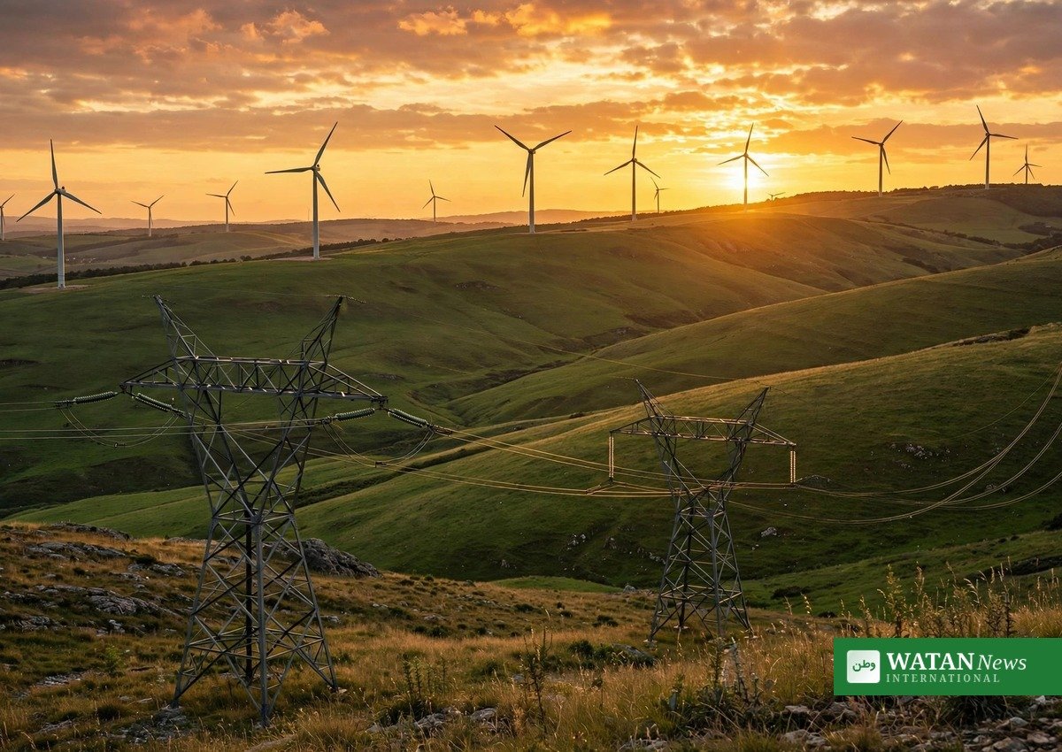Wind turbines and transmission pylons at sunset, grid infrastructure for renewables
