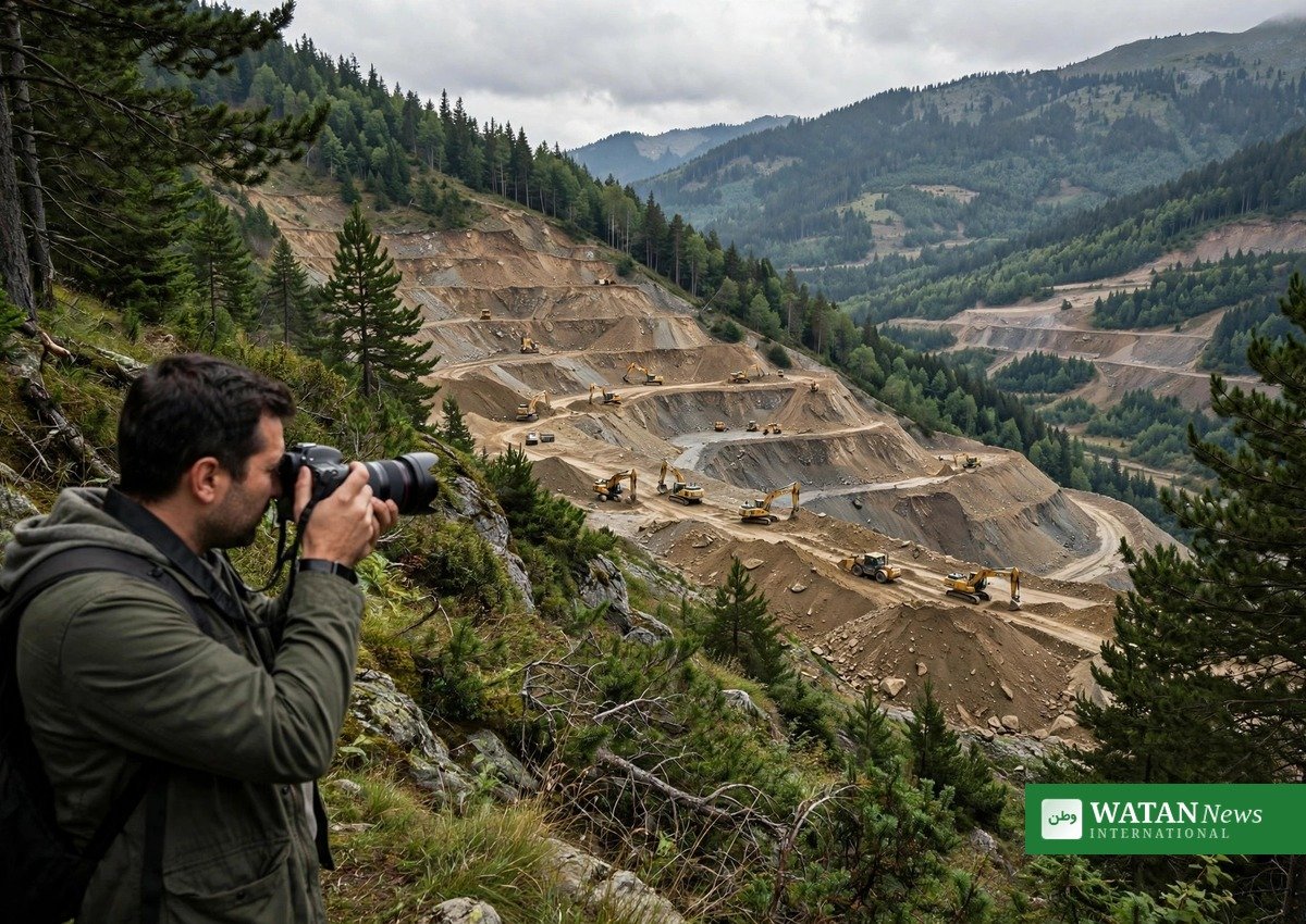 Journalist documenting an open-pit mining site in a forested mountain region