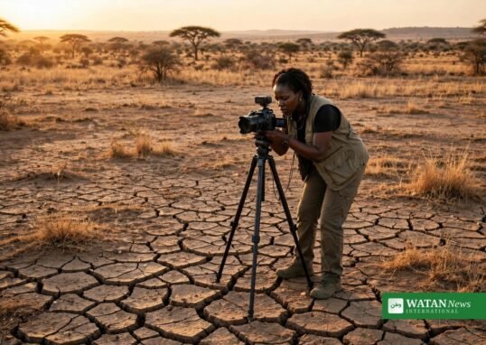 African journalist filming climate story in drought-affected savanna