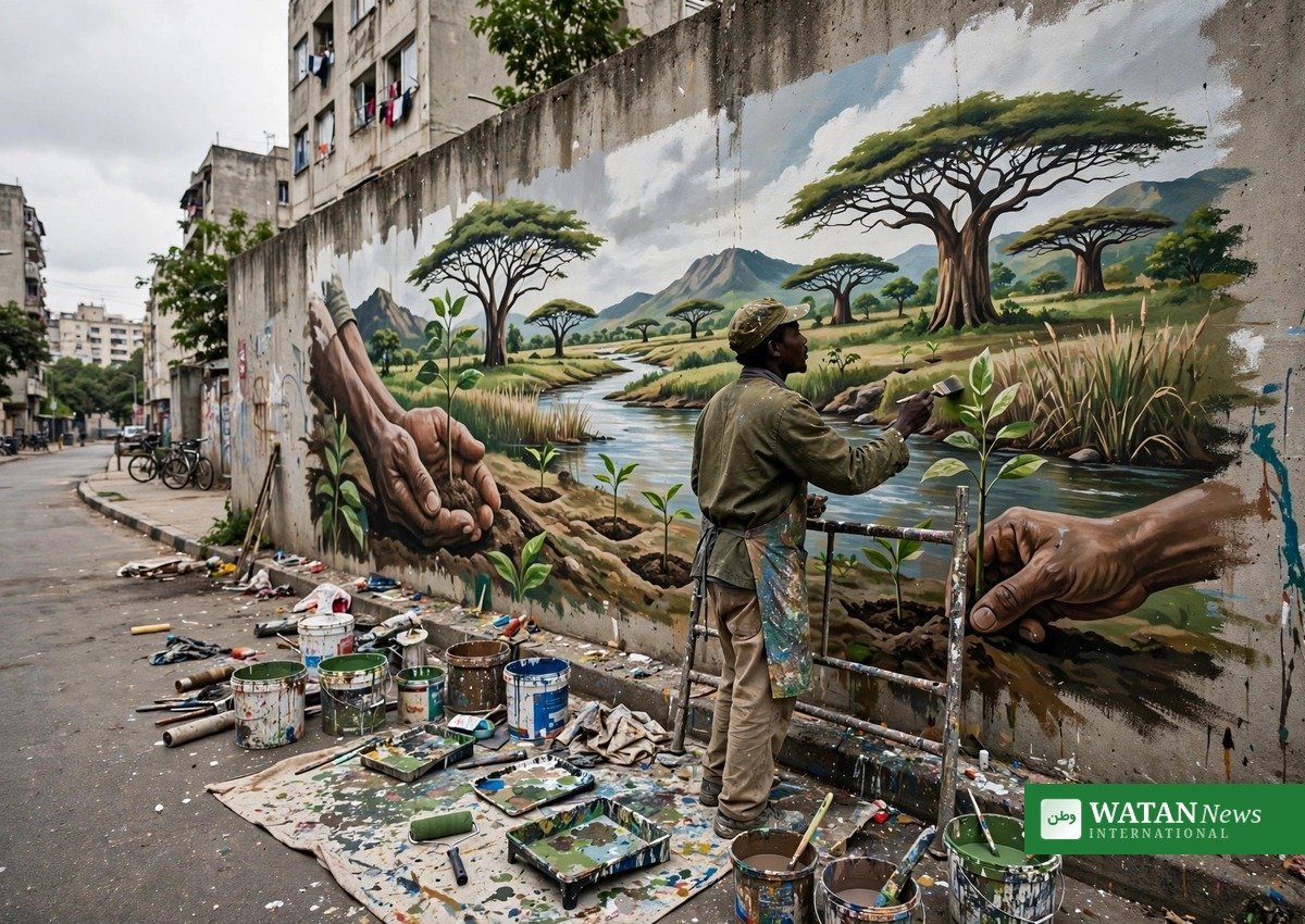 Artist painting an African climate resilience mural for storytelling initiative