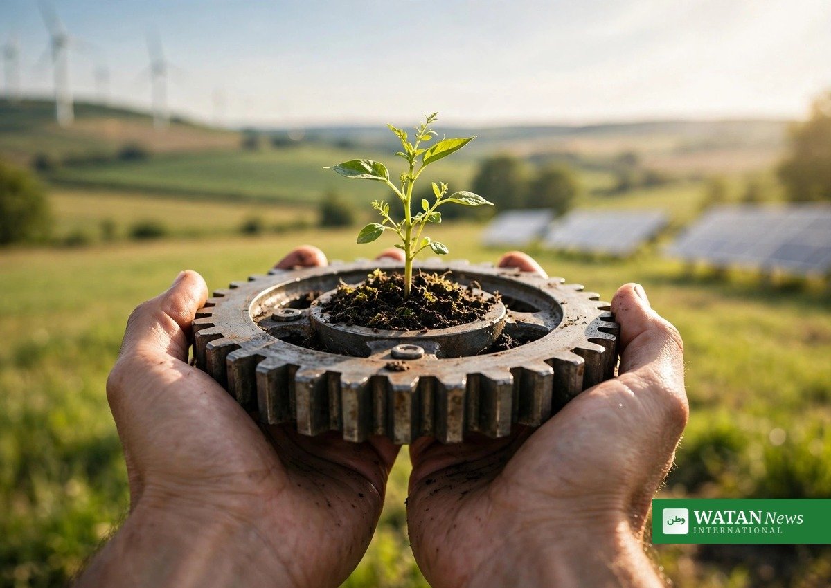 Hands holding a seedling growing from a gear symbolizing green circular finance