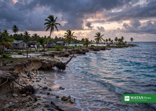Eroding shoreline of a low-lying Pacific island nation at dawn
