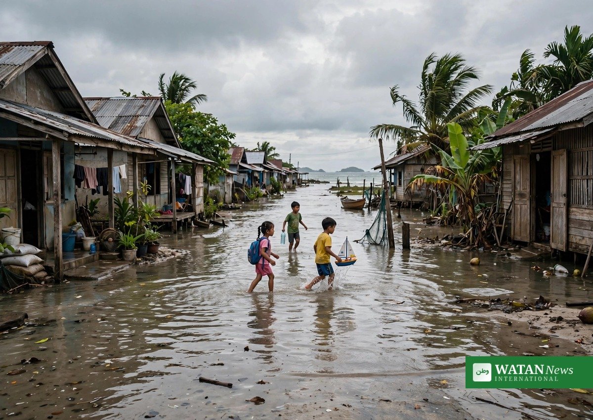 Flooded coastal village street in a small island developing state