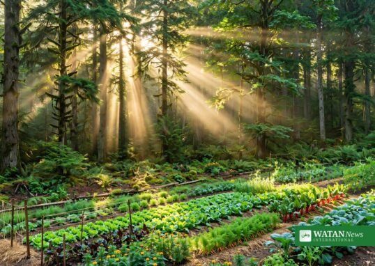 Food loss and waste awareness: sunlight streaming through a forest with sustainable agriculture at its edge