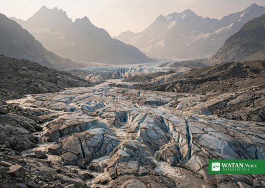 Swiss glaciers ice loss 2026: retreating Alpine glacier with meltwater streams