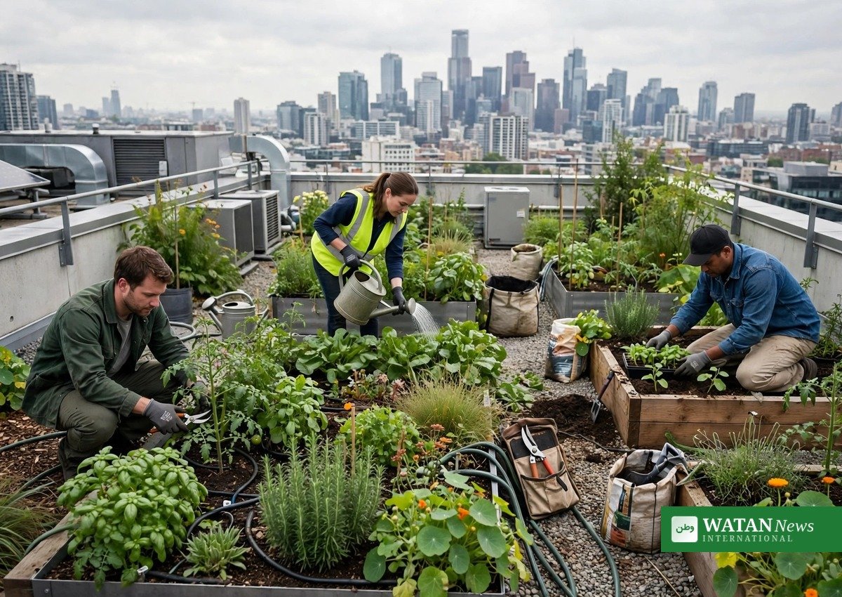 A lush green rooftop garden cooling a city building — nature-based cooling recognized by the Cool Leaders awards