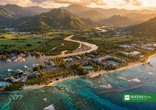 Aerial view of Nadi, Fiji, at golden hour — host of the COP31 Pre-COP