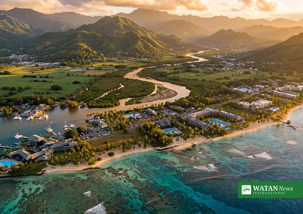 Aerial view of Nadi, Fiji, at golden hour — host of the COP31 Pre-COP
