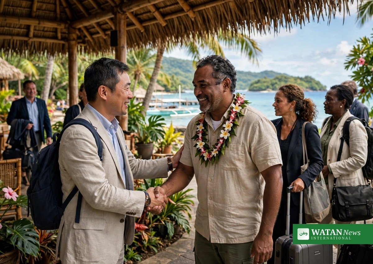 International delegates arriving at a Pacific climate summit venue for the COP31 Pre-COP