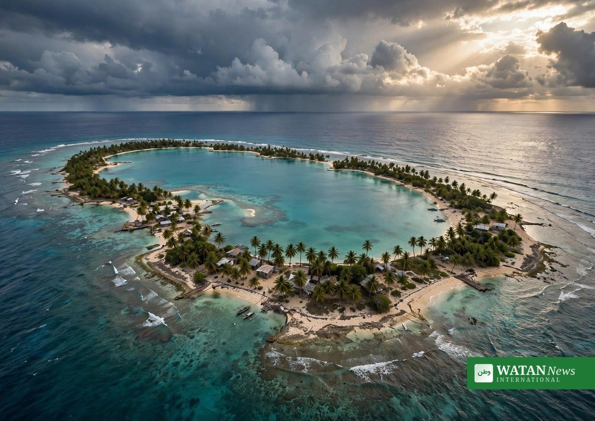 A small Pacific island atoll from the air — the frontline of the climate crisis the Pre-COP puts on show