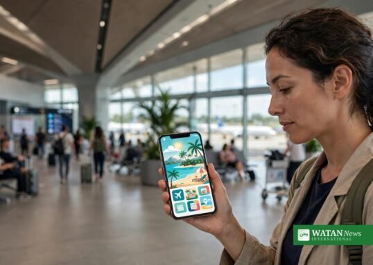 A traveller holding a smartphone with a travel itinerary app at an airport