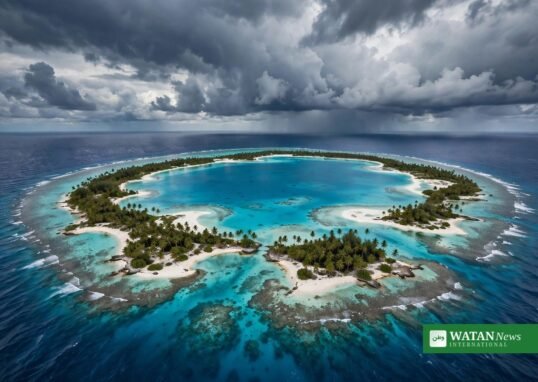 A Pacific island atoll under storm clouds — the climate frontline