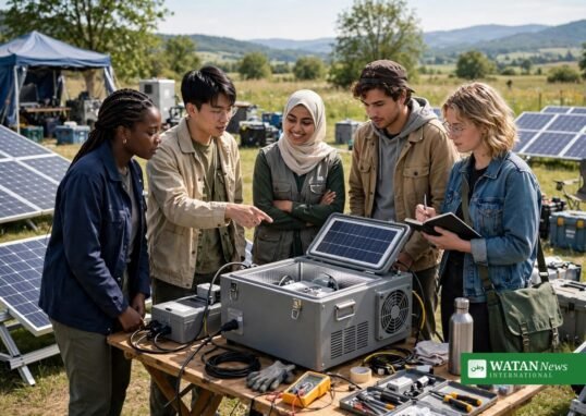 Young climate innovators presenting a solar-powered cold storage prototype