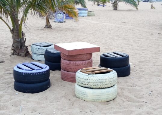 Used tyres recycled into seats arranged at a beach in Cotonou, Benin