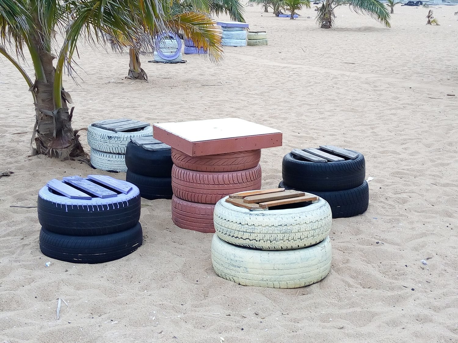 Used tyres recycled into seats arranged at a beach in Cotonou, Benin