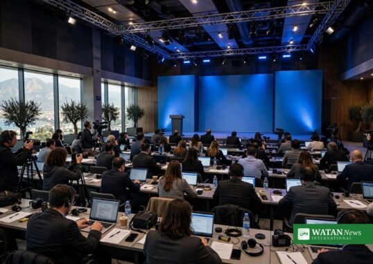 Journalists at a COP31 press briefing in a conference media centre in Antalya