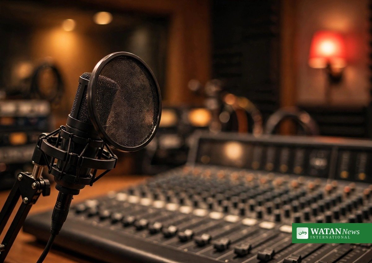 Radio studio microphone and mixing console — Radio Pakistan Multan training workshop for young broadcasters