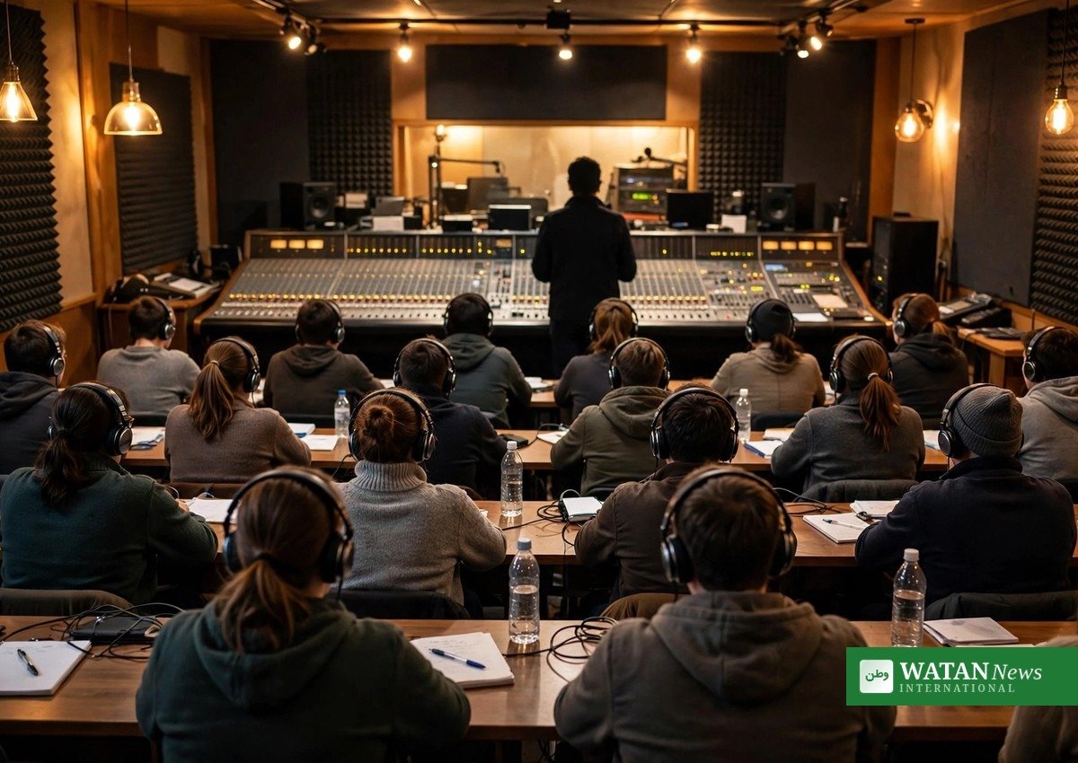 Trainees with headphones at a mixing console during the Radio Pakistan Multan training workshop
