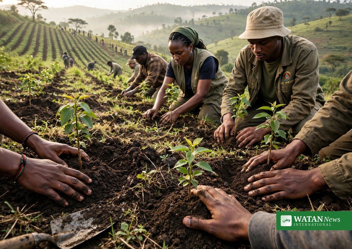 Volunteers planting tree saplings in Kenya — the draft National Environment Policy backs the 15-billion-tree initiative (illustration)