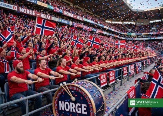 Norske fodboldfans udfører det synkrone »Mr. Row Row«-råb på stadion under VM 2026 (illustration)