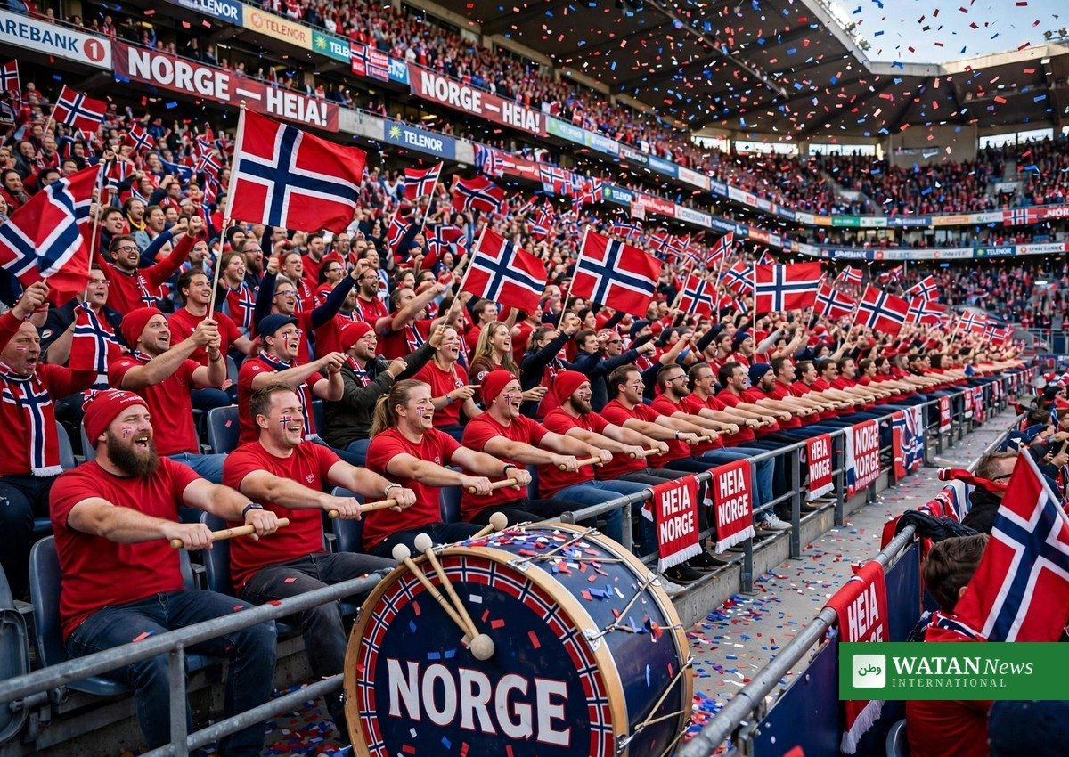 Norske fodboldfans udfører det synkrone »Mr. Row Row«-råb på stadion under VM 2026 (illustration)