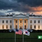 White House with US and South Korean flags at dusk — Trump tariffs South Korea dispute over Alaska LNG pipeline (illustration)