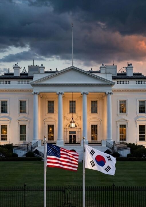 White House with US and South Korean flags at dusk — Trump tariffs South Korea dispute over Alaska LNG pipeline (illustration)