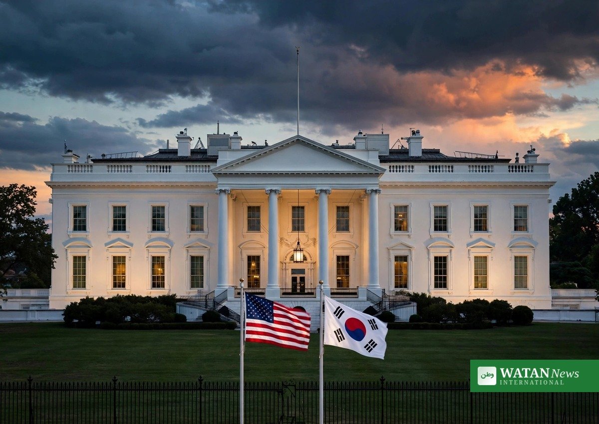White House with US and South Korean flags at dusk — Trump tariffs South Korea dispute over Alaska LNG pipeline (illustration)