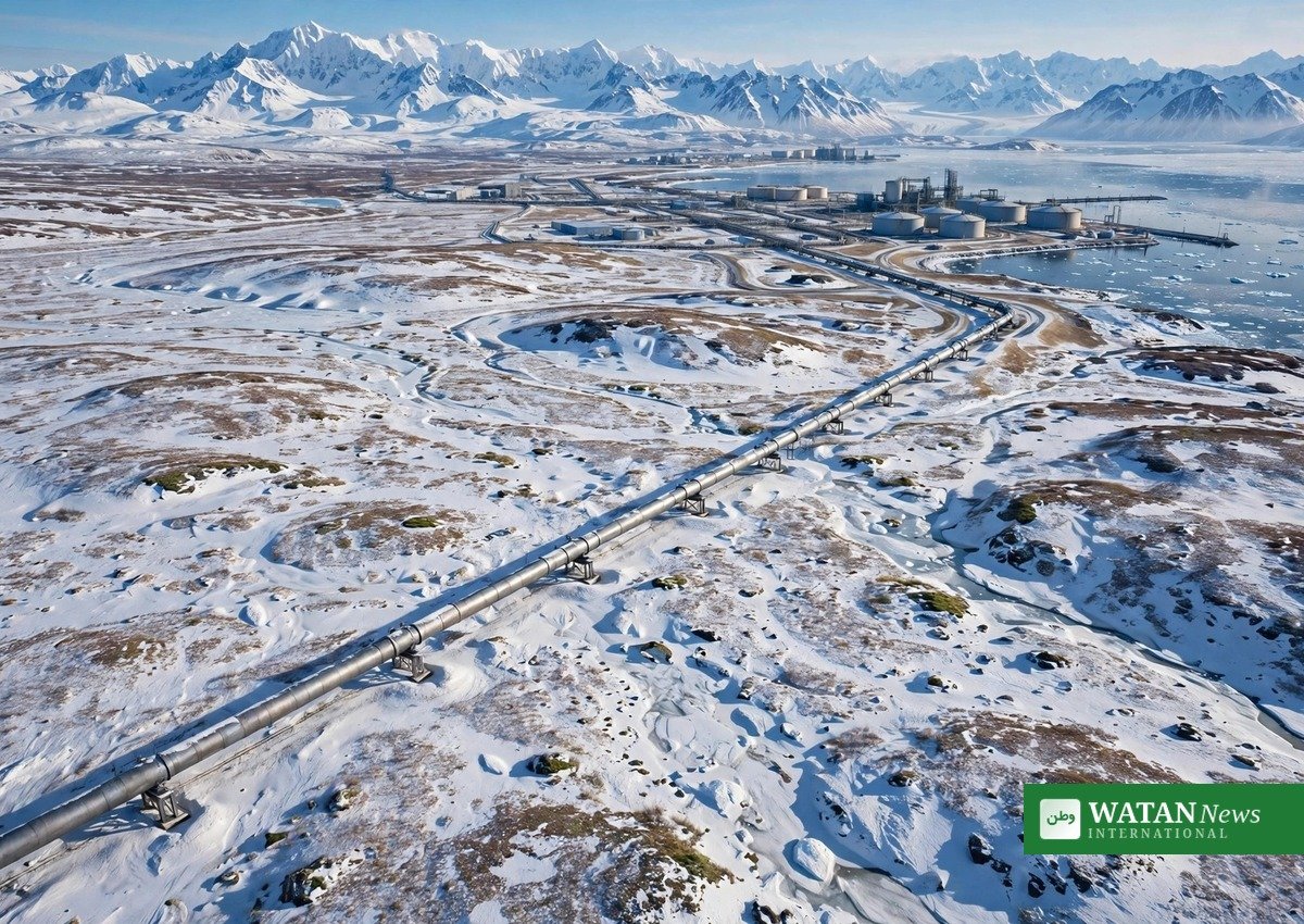 Aerial view of a natural gas pipeline crossing the snowy Alaskan Arctic toward an LNG export terminal — Alaska LNG pipeline project (illustration)